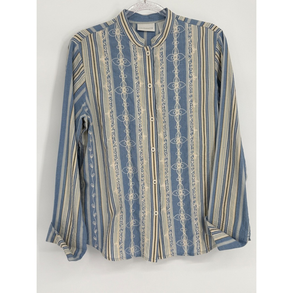 Liz Claiborne Blue Striped Embroidered Mandarin Collar Button Down Shirt Sz M